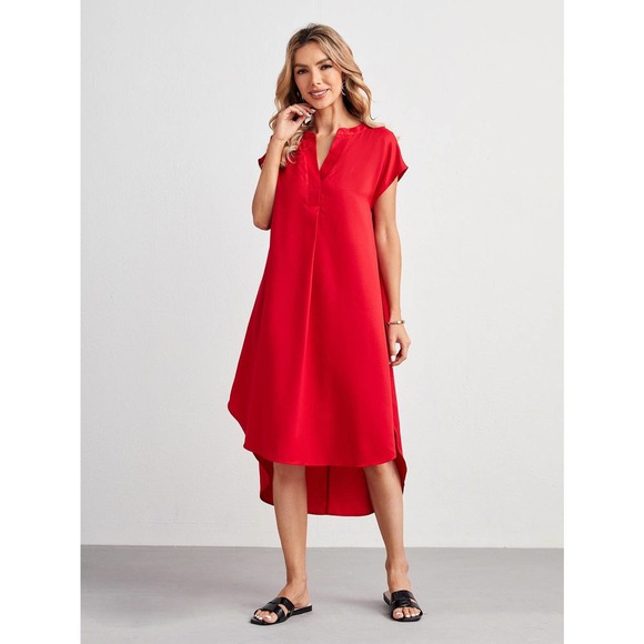 short sleeve Hi low Notched v neck Dip Hem midi Dress red - Picture 1 of 8